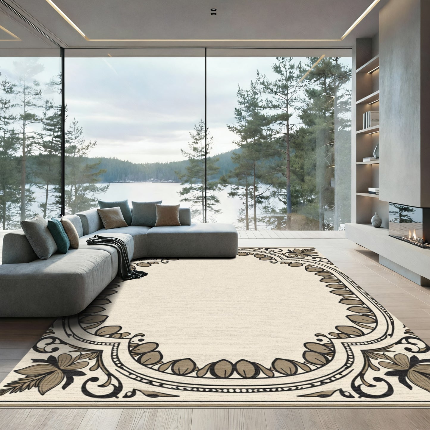 Elegant Beige Floral Acanthus Scroll Frame Rug