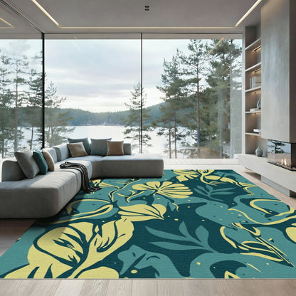 Teal Yellow Abstract Tropical Foliage Rug