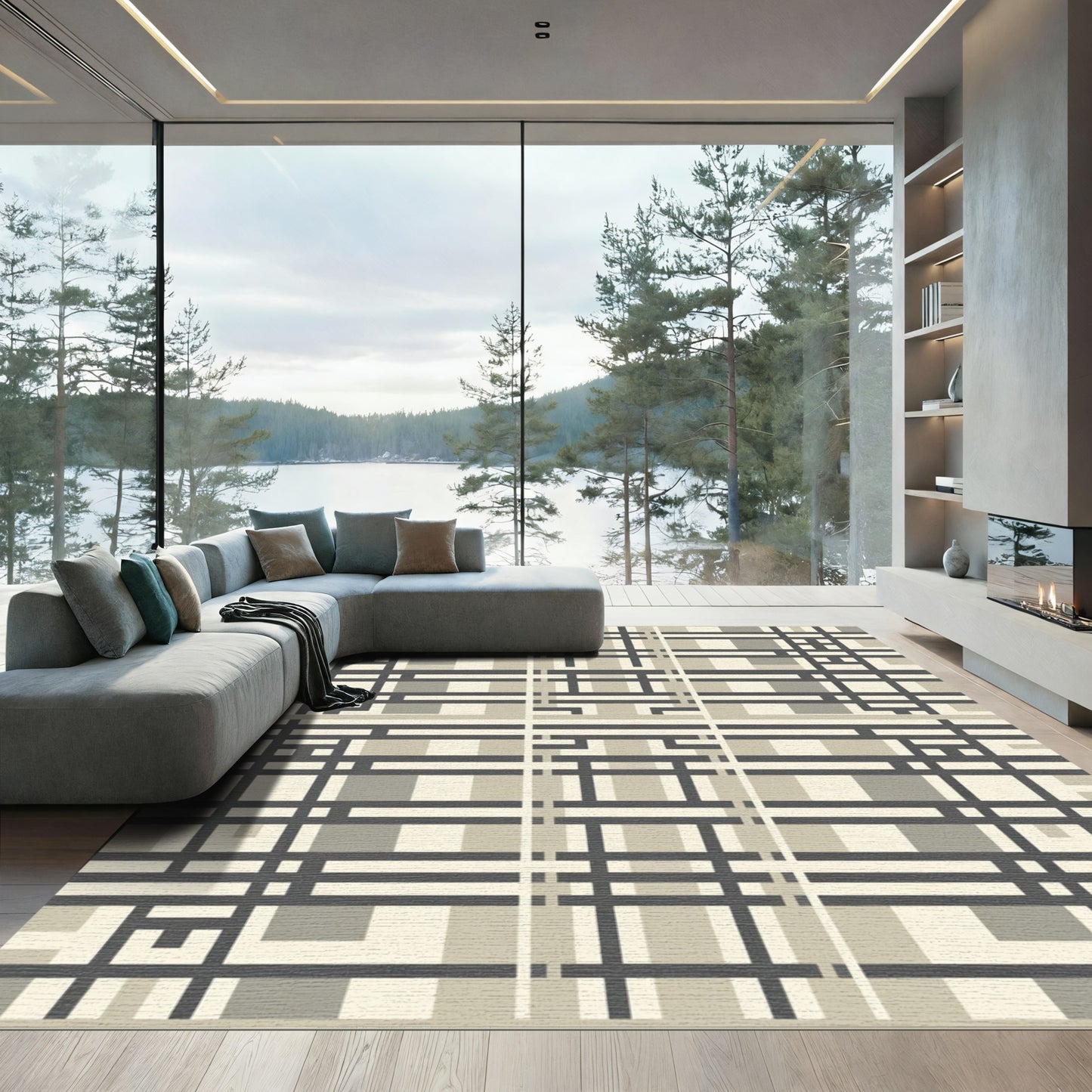 Neutral Plaid Geometric Grid Rug