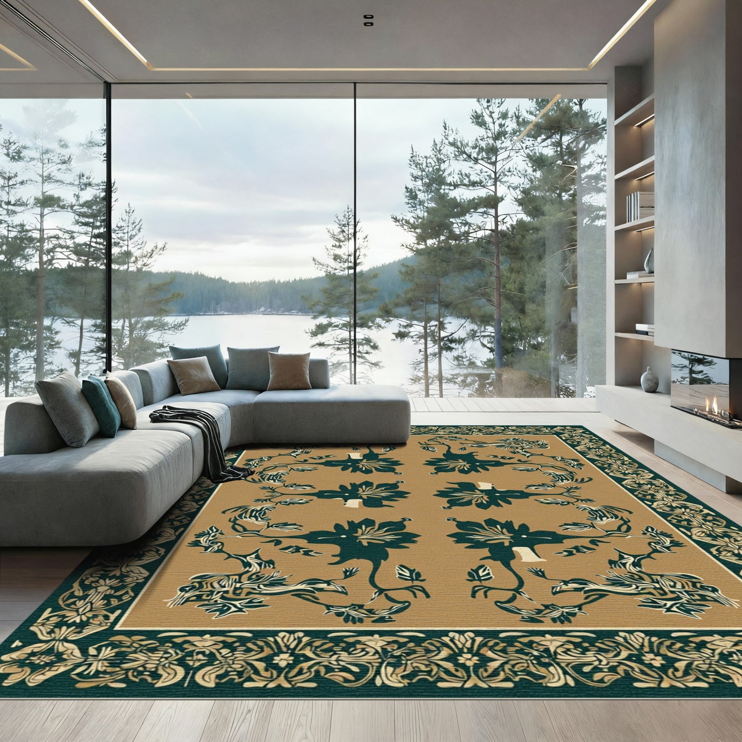Teal Golden Floral Botanical Frame Rug