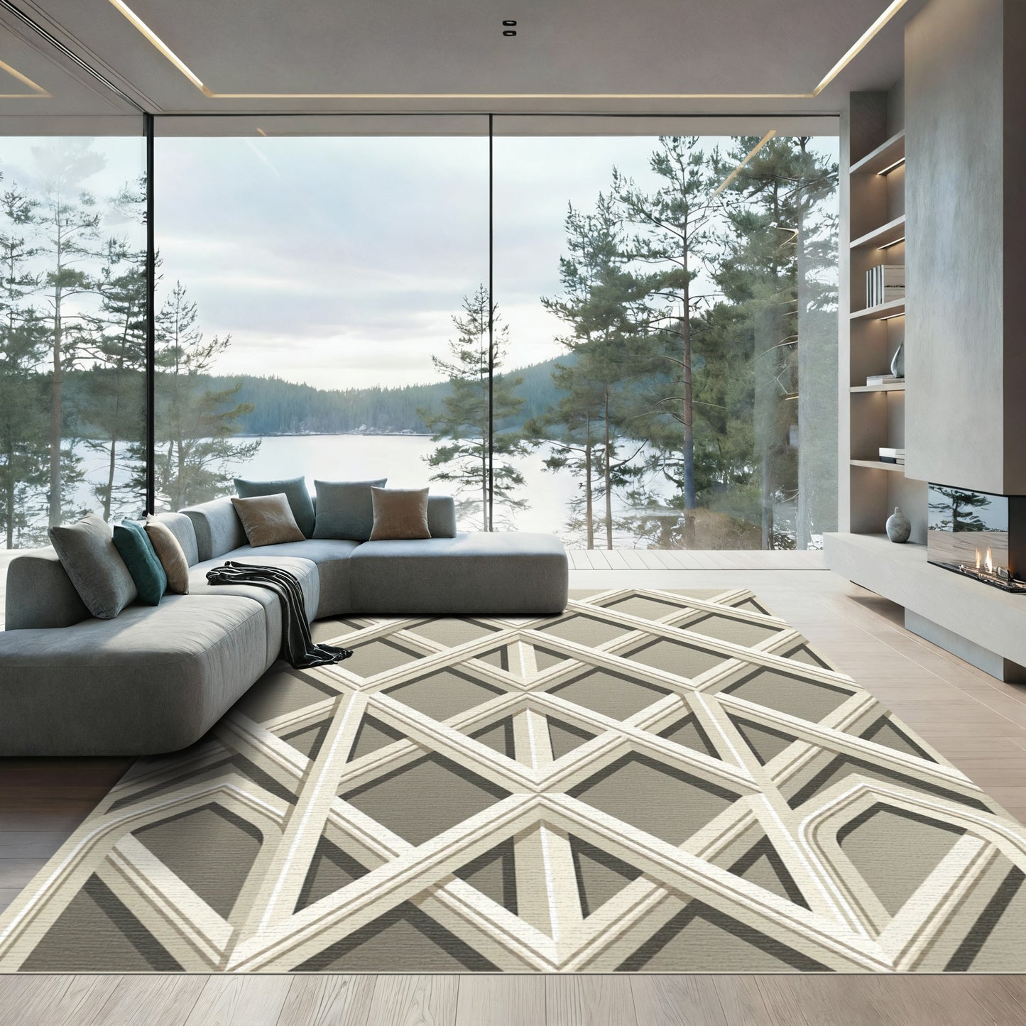 Sophisticated Beige Architectural Lattice Geometric Rug