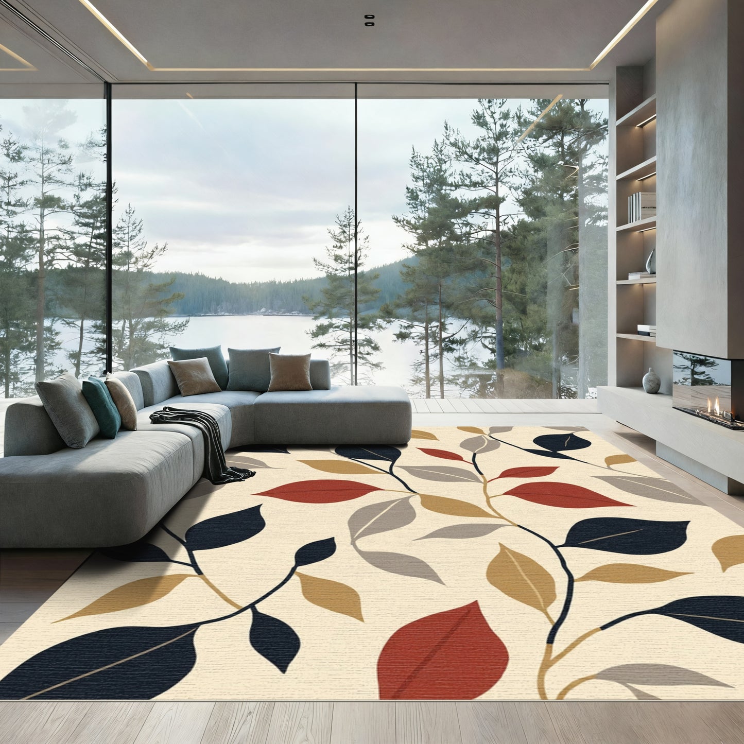 Terracotta Navy Gray Leafy Vines Rug