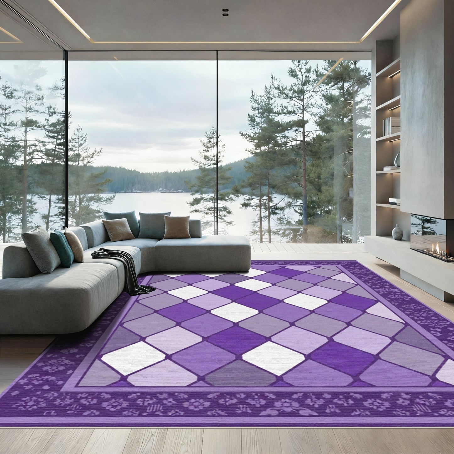Purple Diamond Bordered Geometric Rug