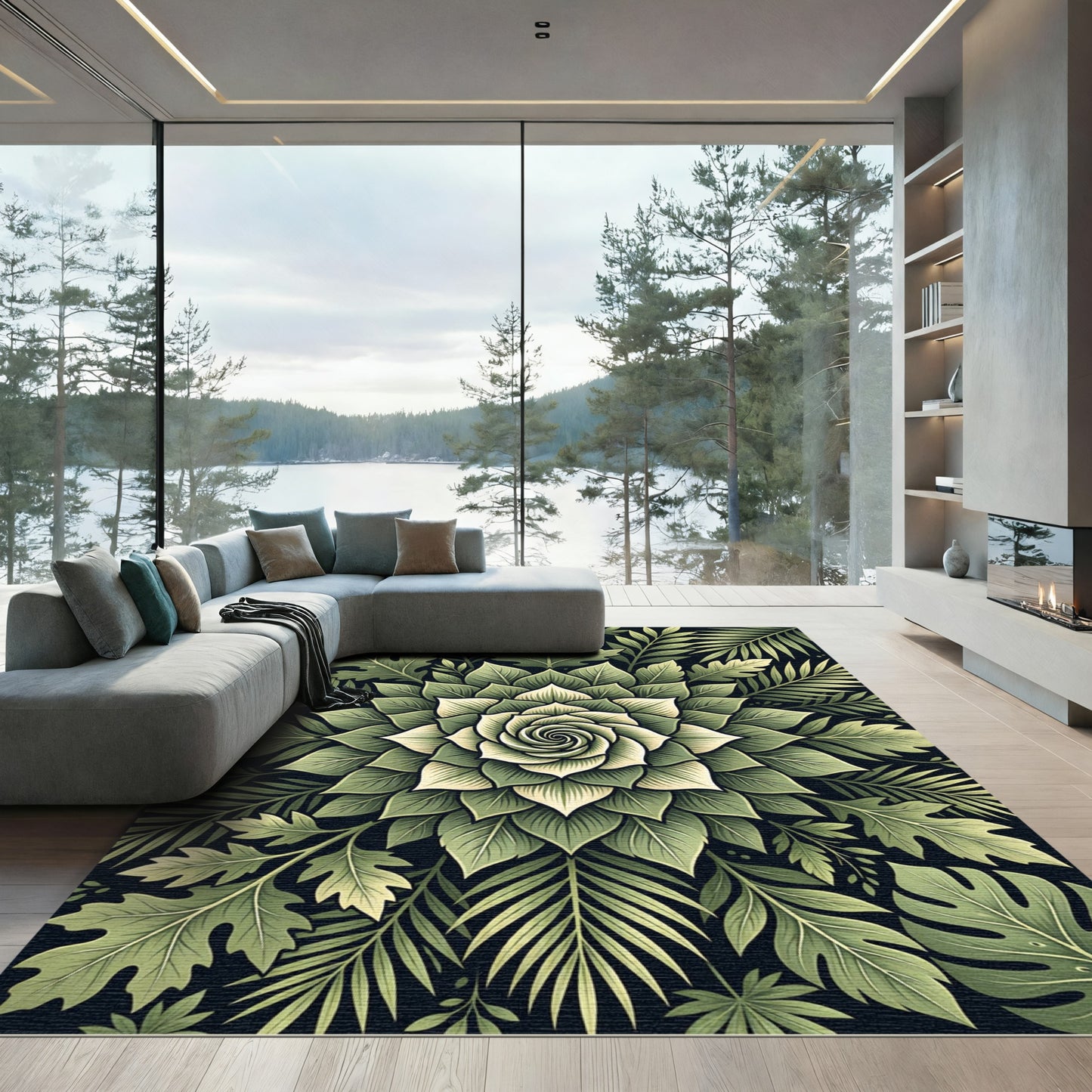 Lush Botanical Sage Green Fern Medallion Rug