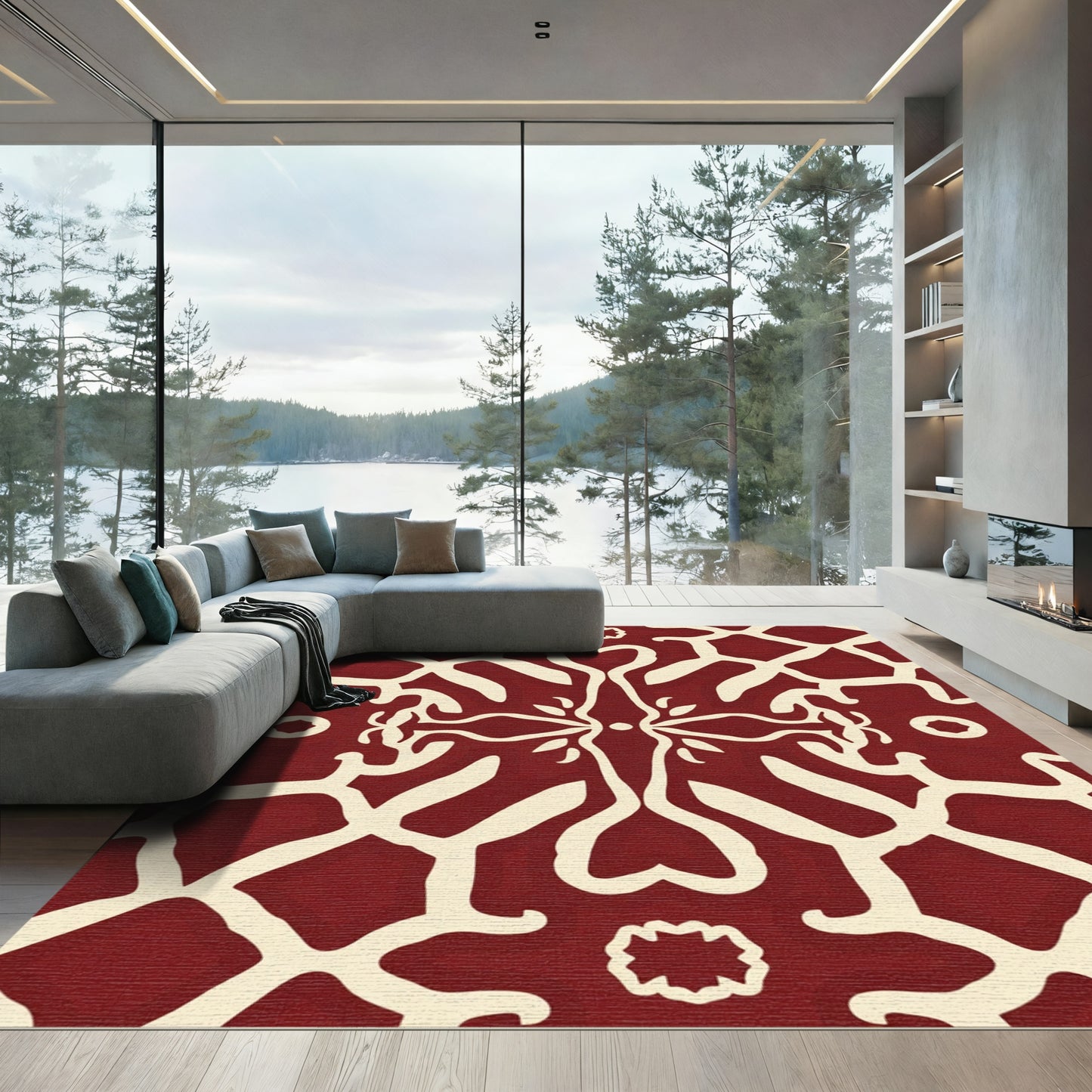 Deep Red Ivory Abstract Symmetry Rug