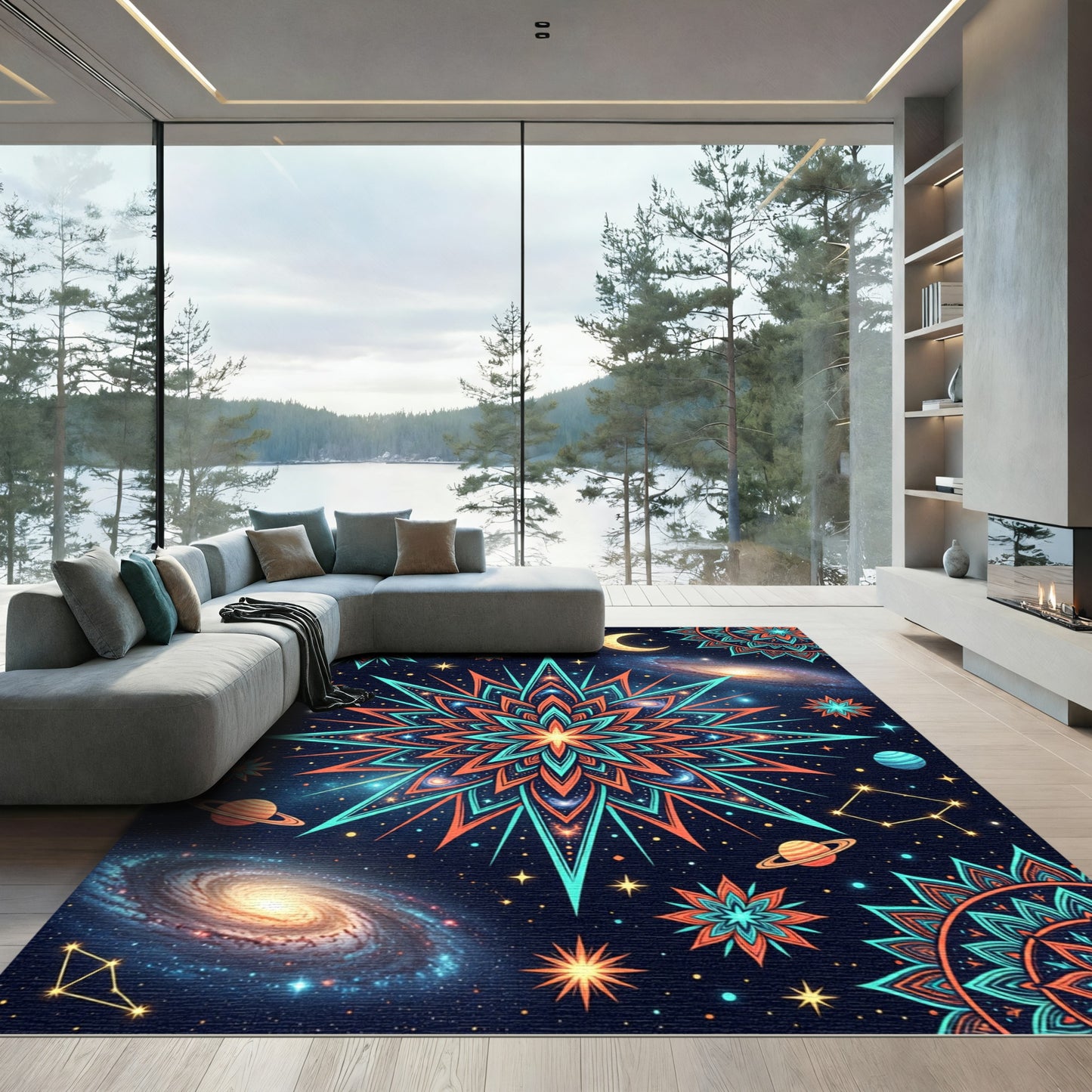 Cosmic Orange Teal Starburst Mandala Rug