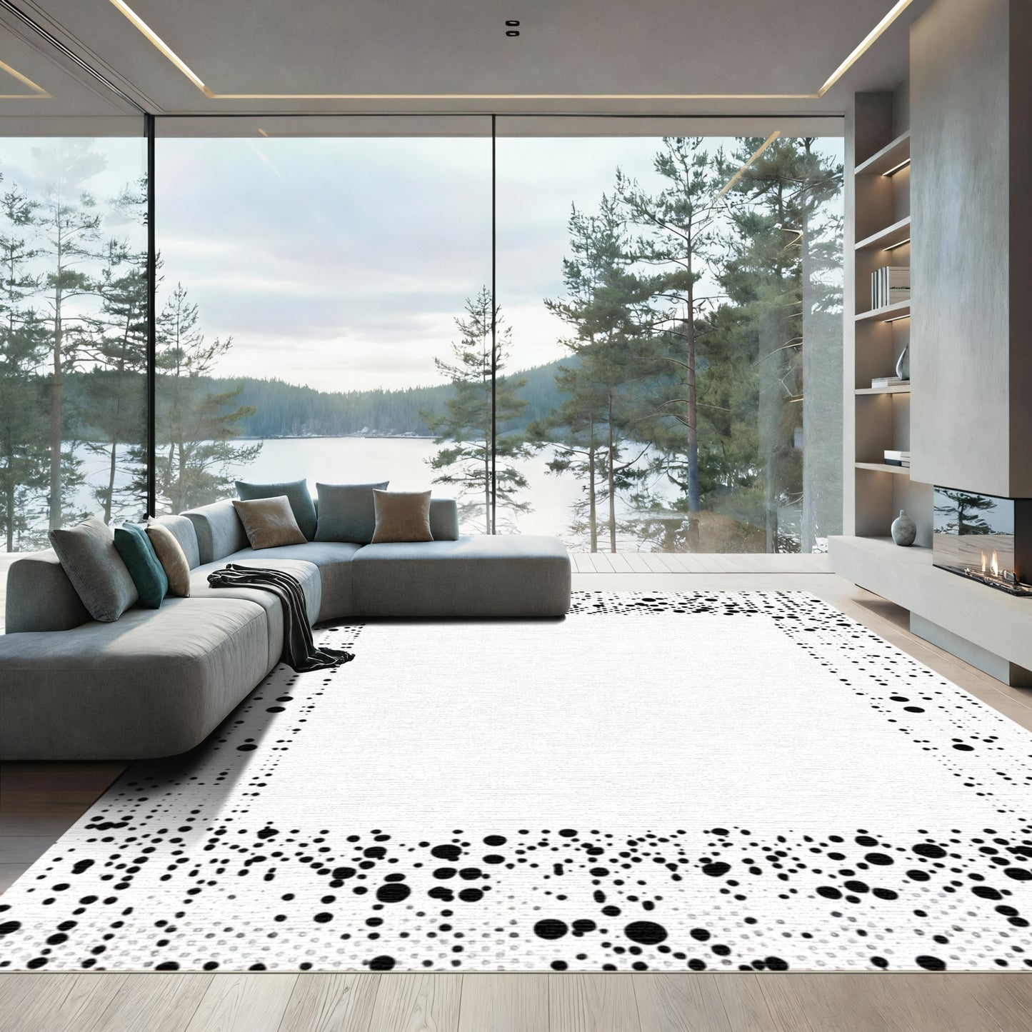 Abstract Black White Dot Border Rug