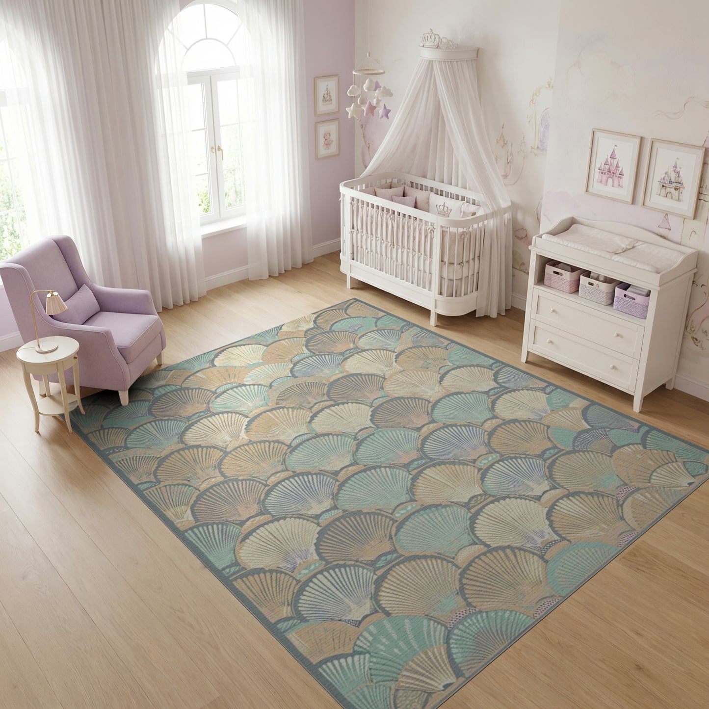 Teal Cream Scalloped Seashell Coastal Rug