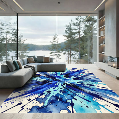 Vibrant Blue Watercolor Splatter Burst Rug