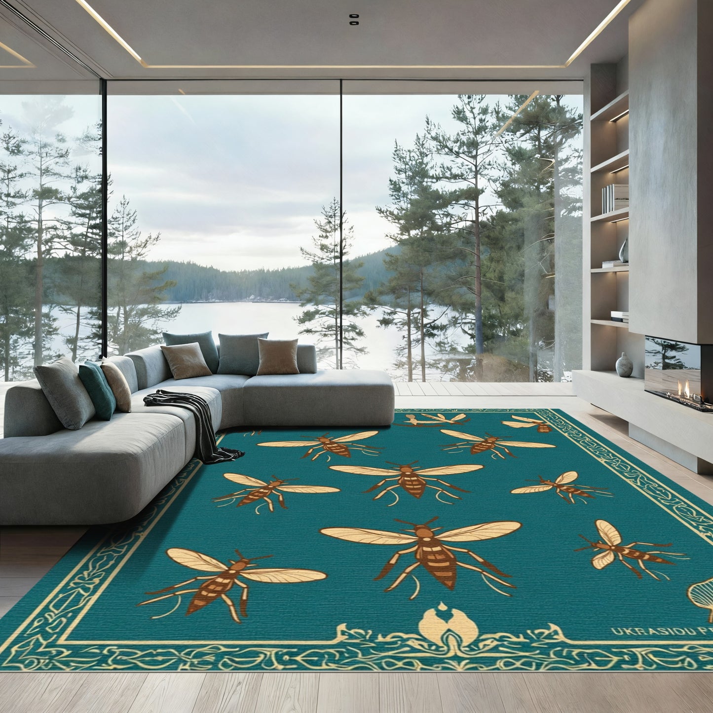 Teal And Gold Insect Arrangement Rug
