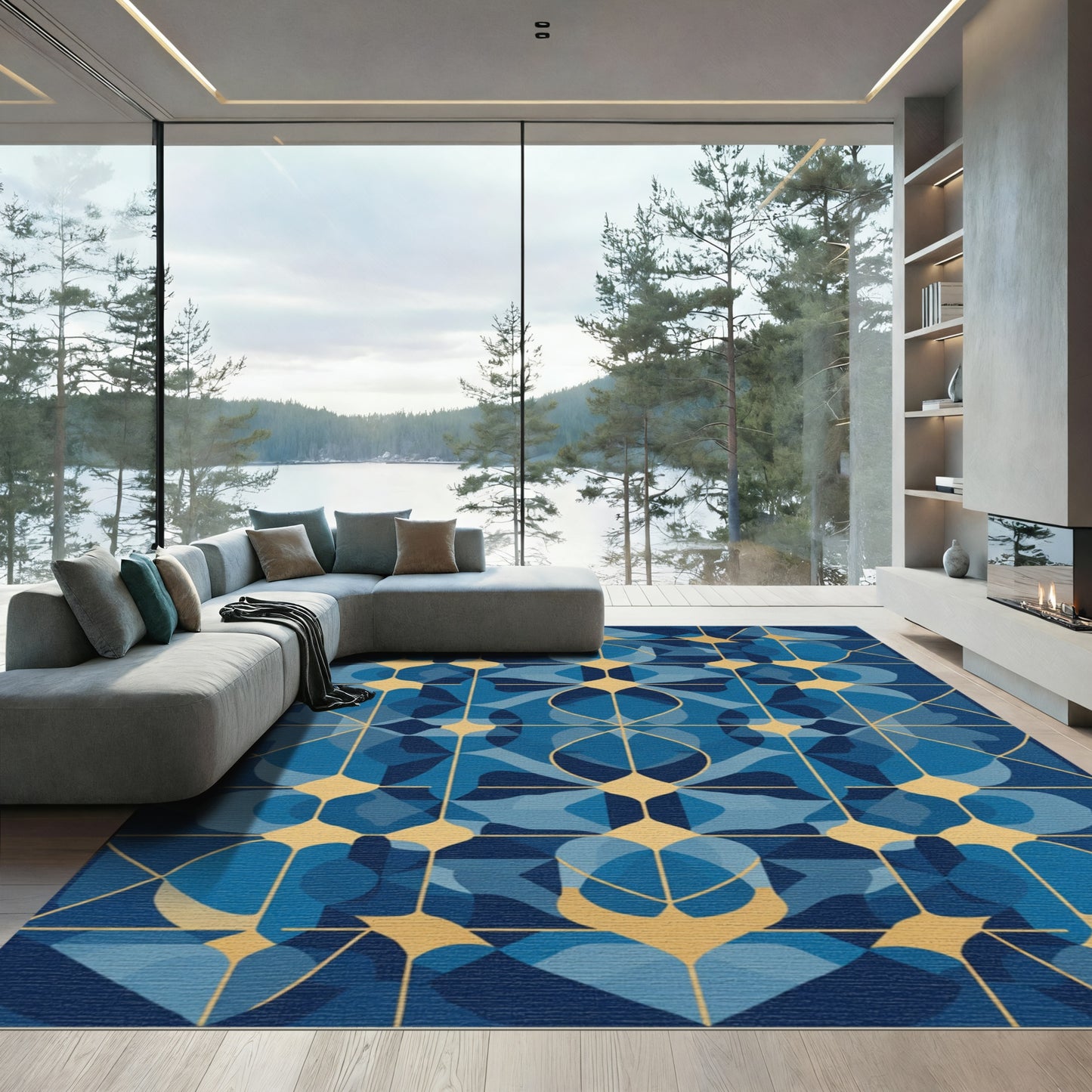Blue Golden Geometric Abstract Mosaic Rug