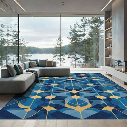 Blue Golden Geometric Abstract Mosaic Rug