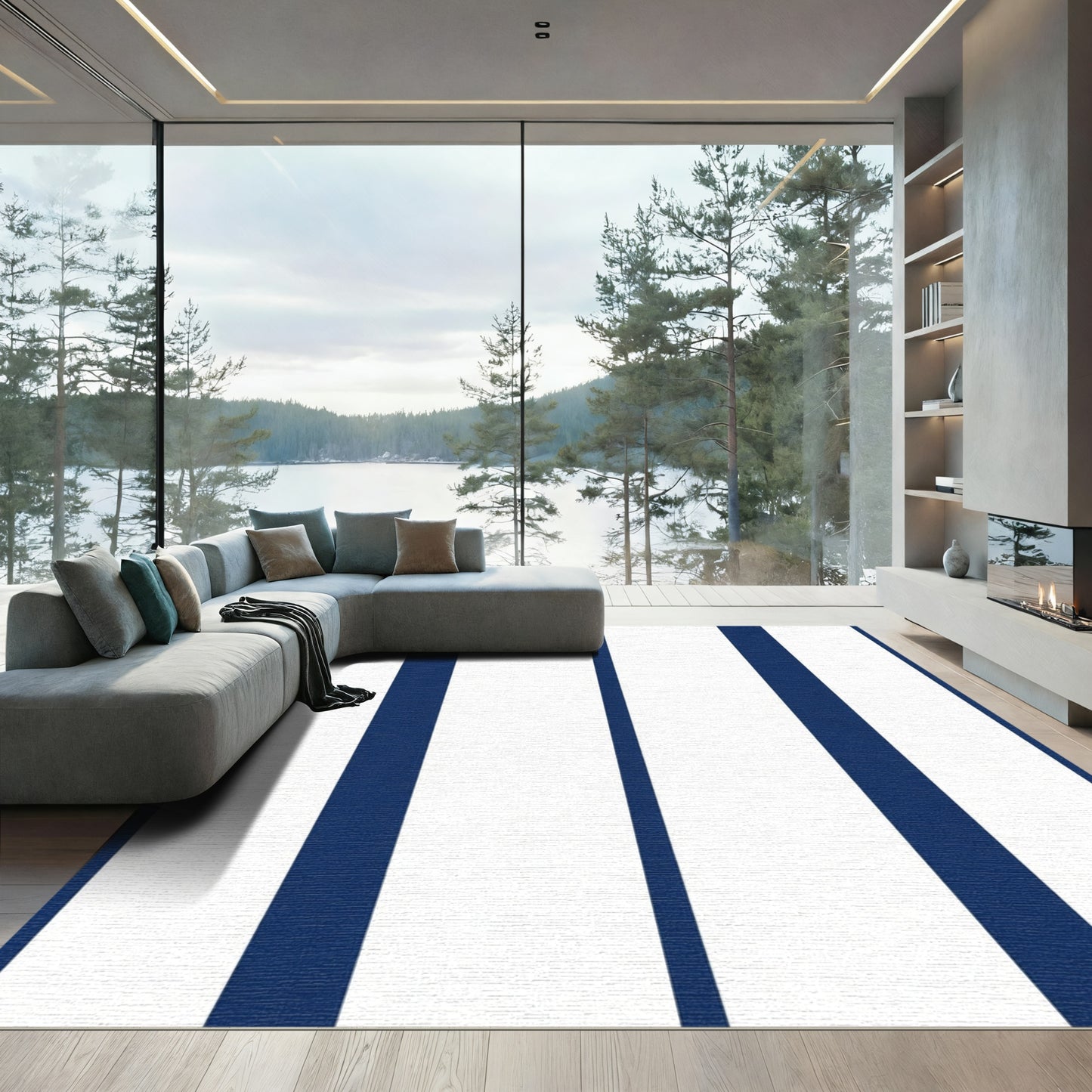 Bold Navy White Vertical Stripe Rug