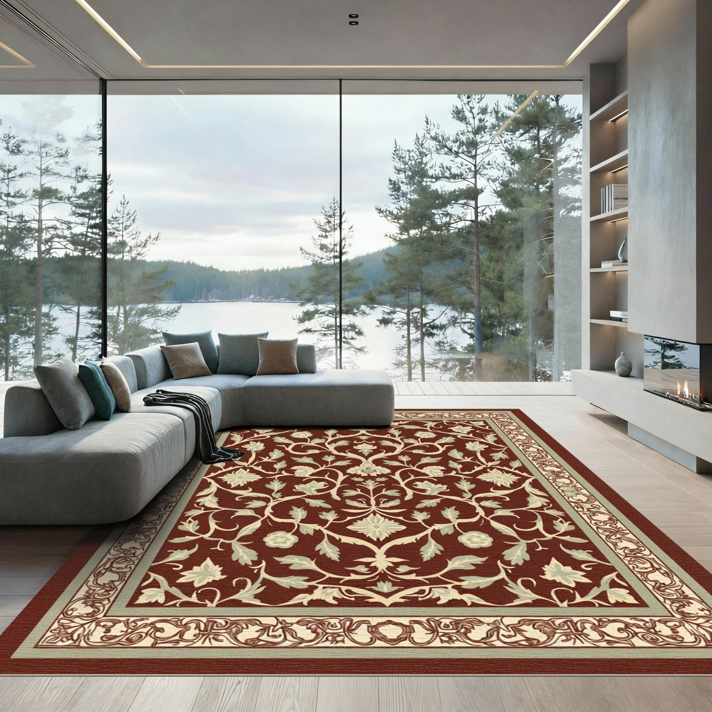 Crimson Floral Vine Medallion Frame Rug