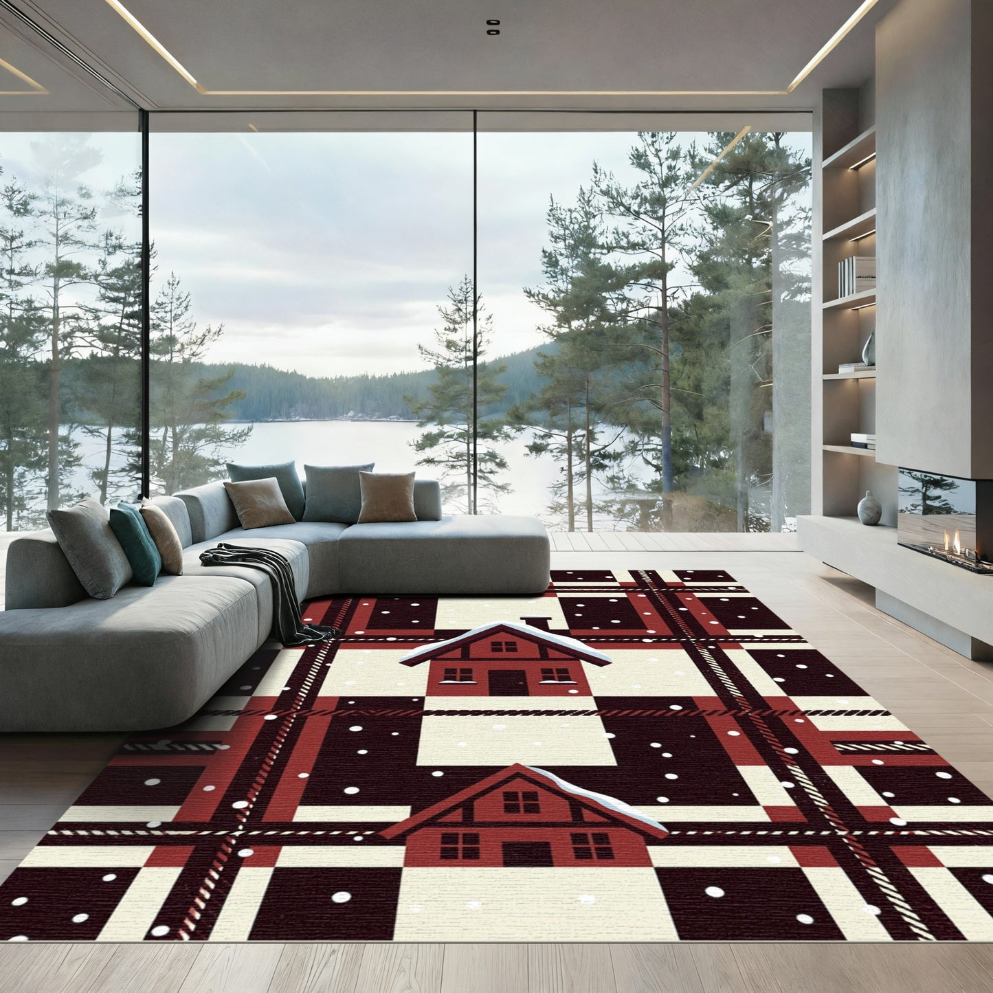 Rustic Red Plaid Snowy Cabin Rug