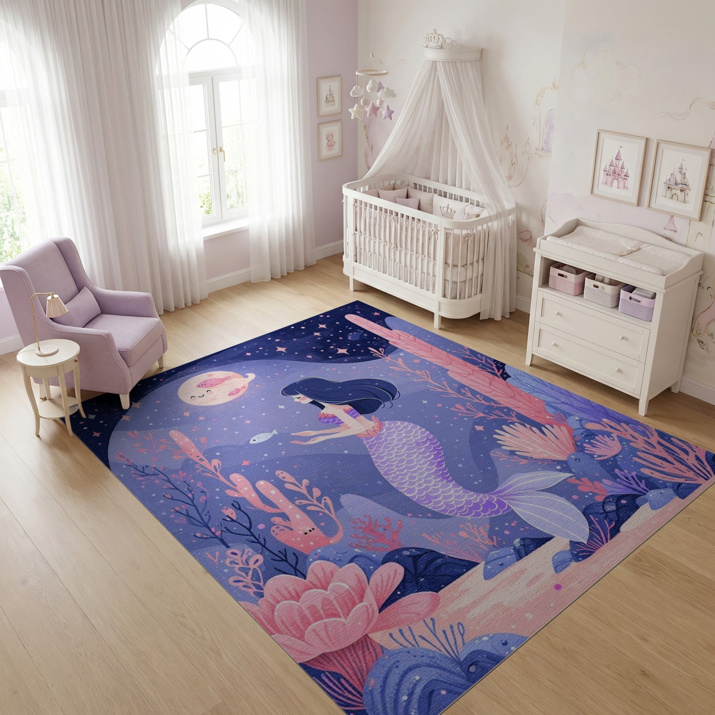 Whimsical Purple Mermaid Coral Stars Rug