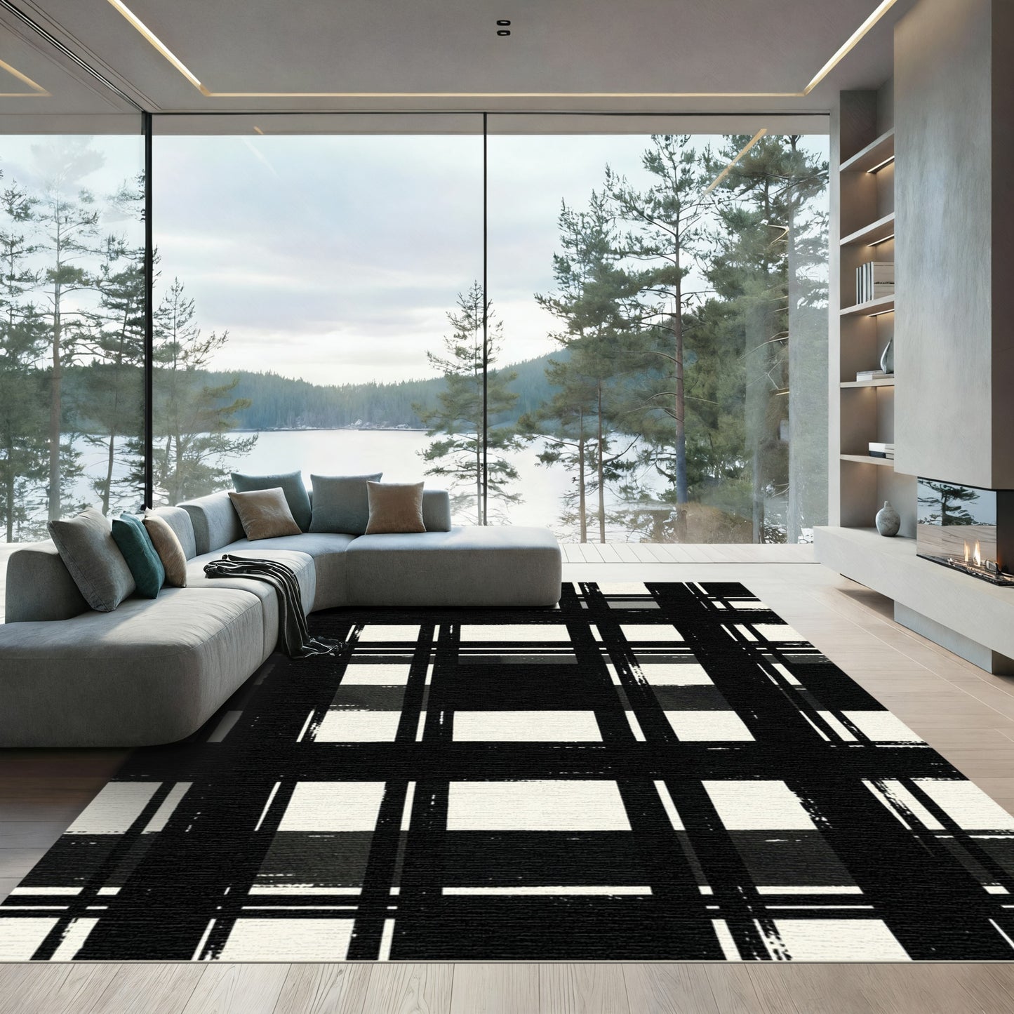 Black White Grungy Plaid Lines Rug