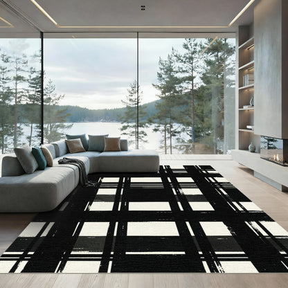 Black White Grungy Plaid Lines Rug