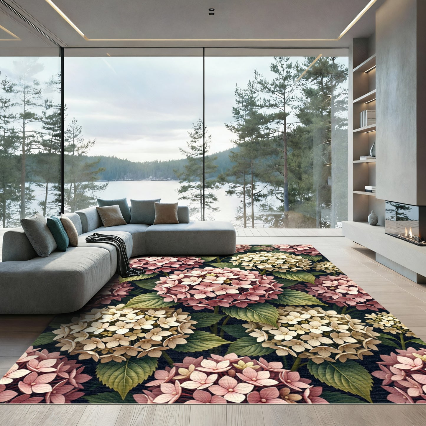 Soft Pink Hydrangea Floral Botanical Rug