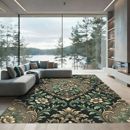 Elegant Dark Floral Damask Scroll Rug