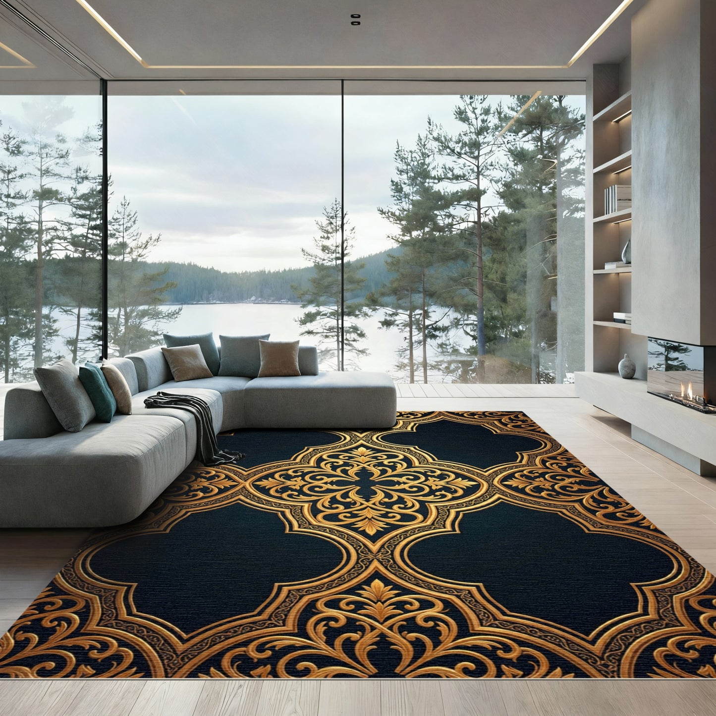 Elegant Gold Damask Black Filigree Rug