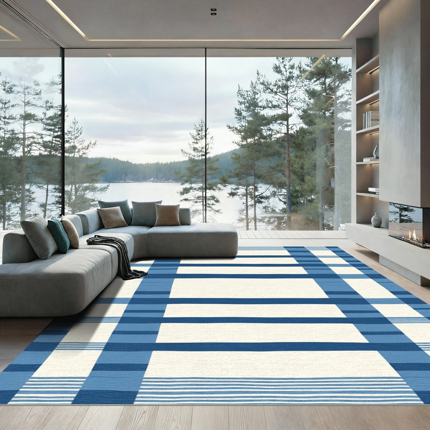 Classic Blue Plaid Stripe Accents Rug