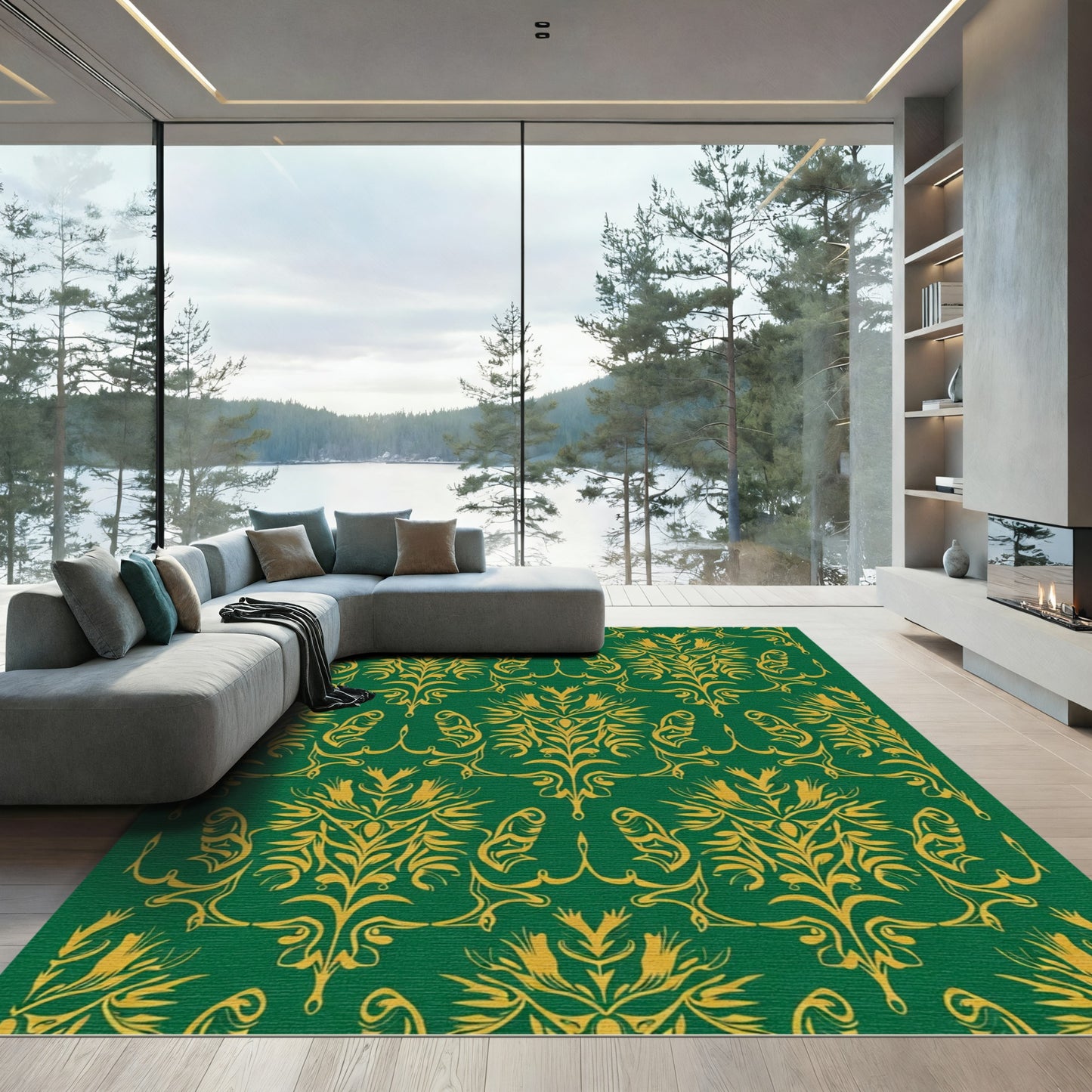Emerald Gold Ornate Floral Scroll Rug