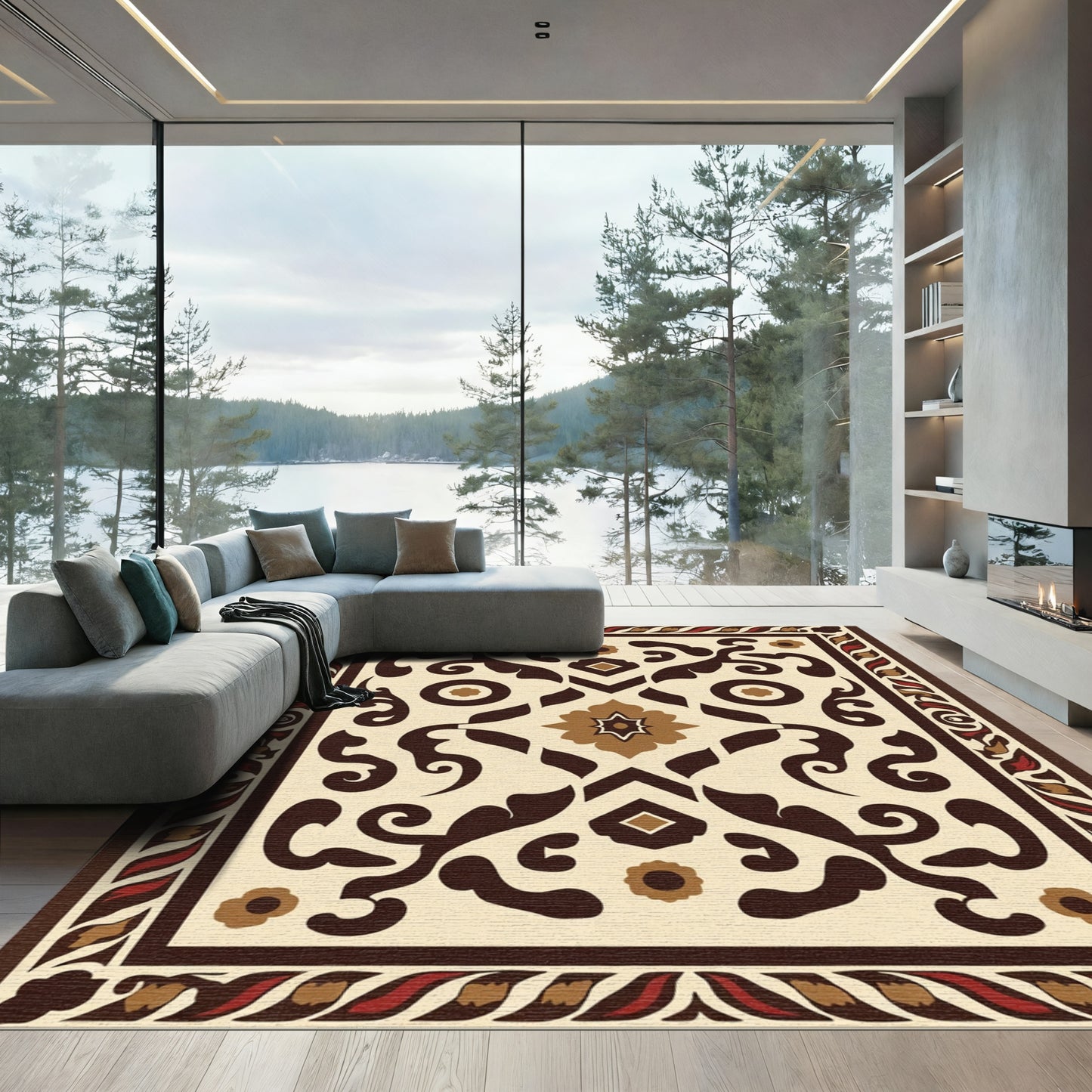 Ornate Brown and Red Floral Medallion Rug