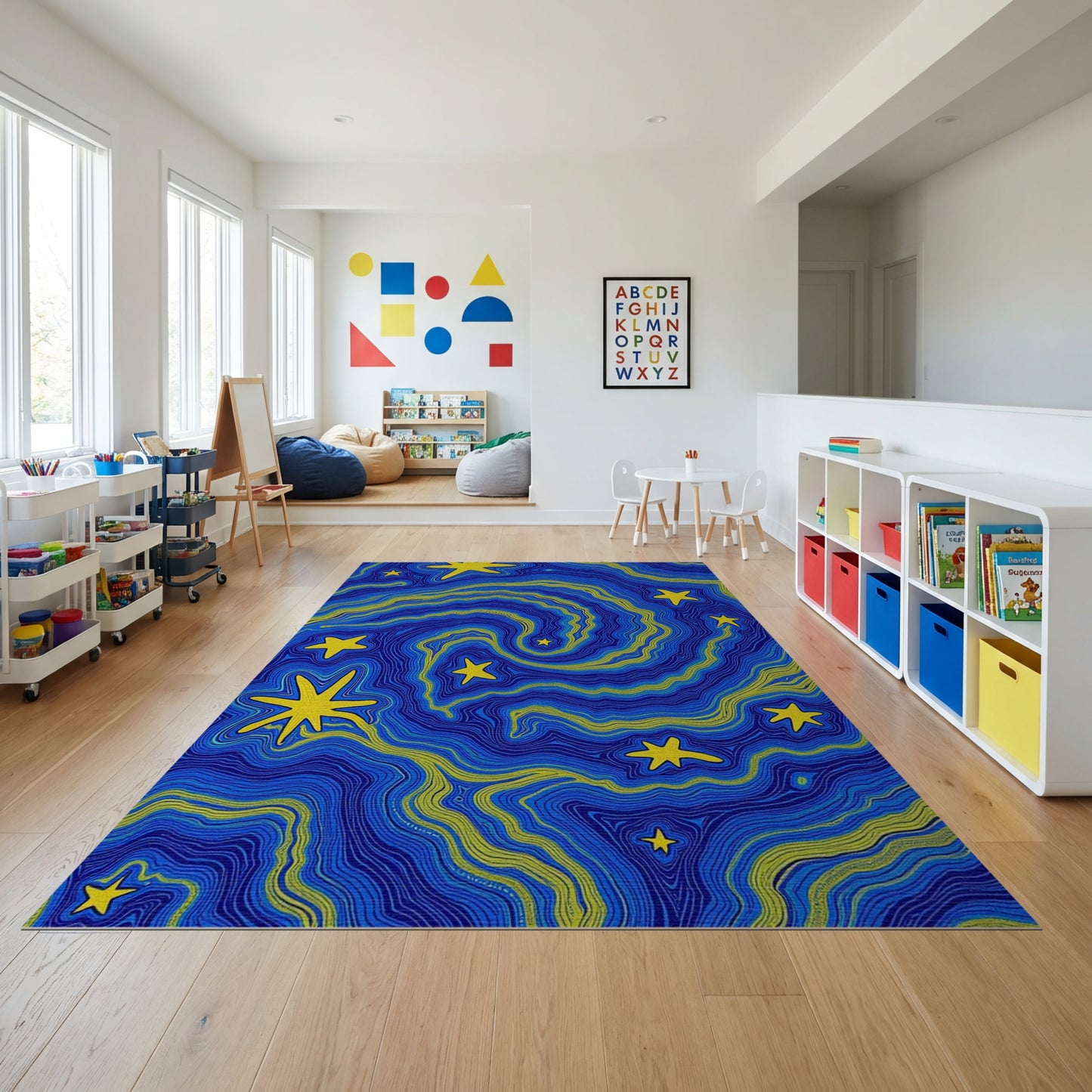 Bold Yellow Stars Swirling Navy Waves Rug
