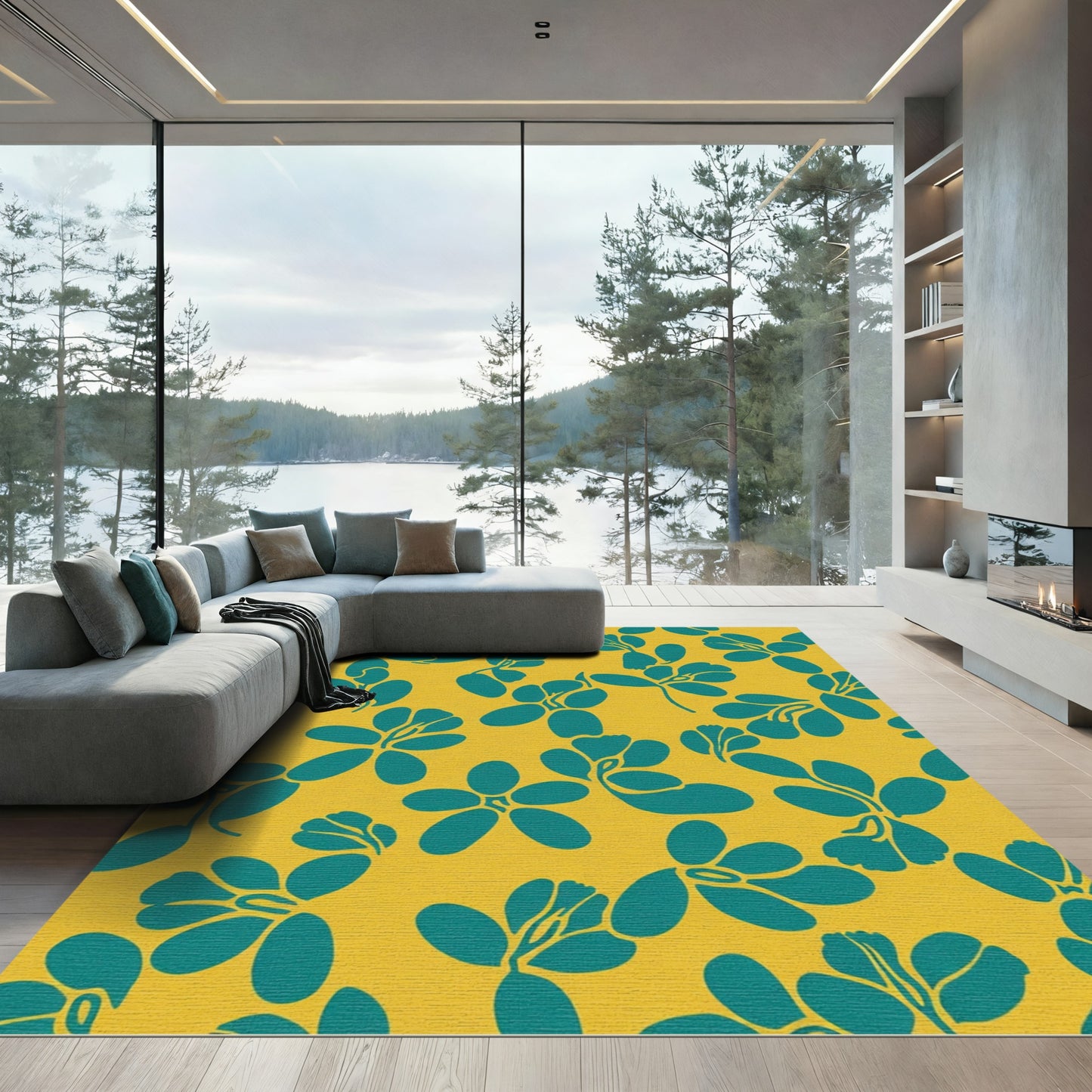 Teal Floral Branch Scatter Rug