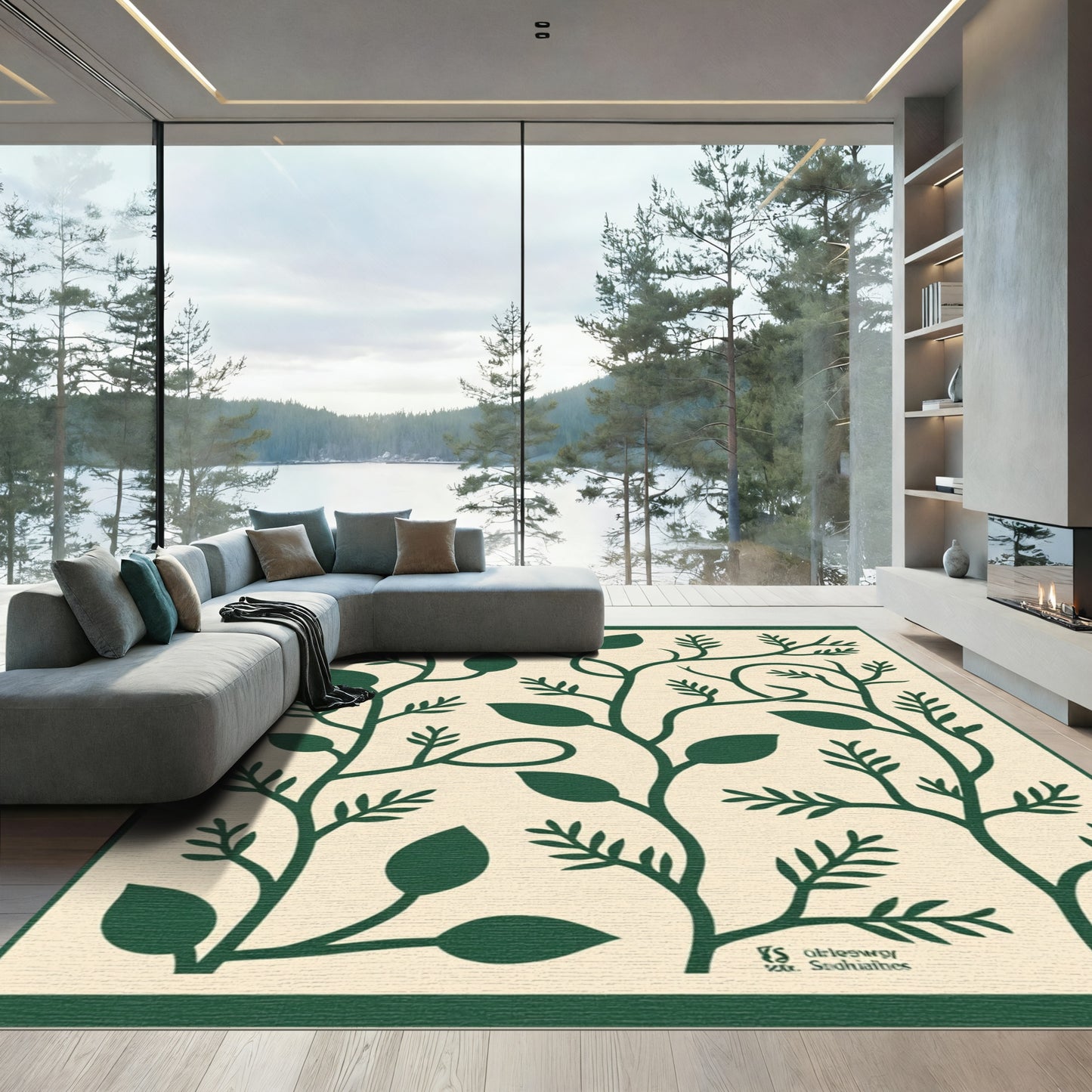 Forest Green Vine Leaf Composition Rug