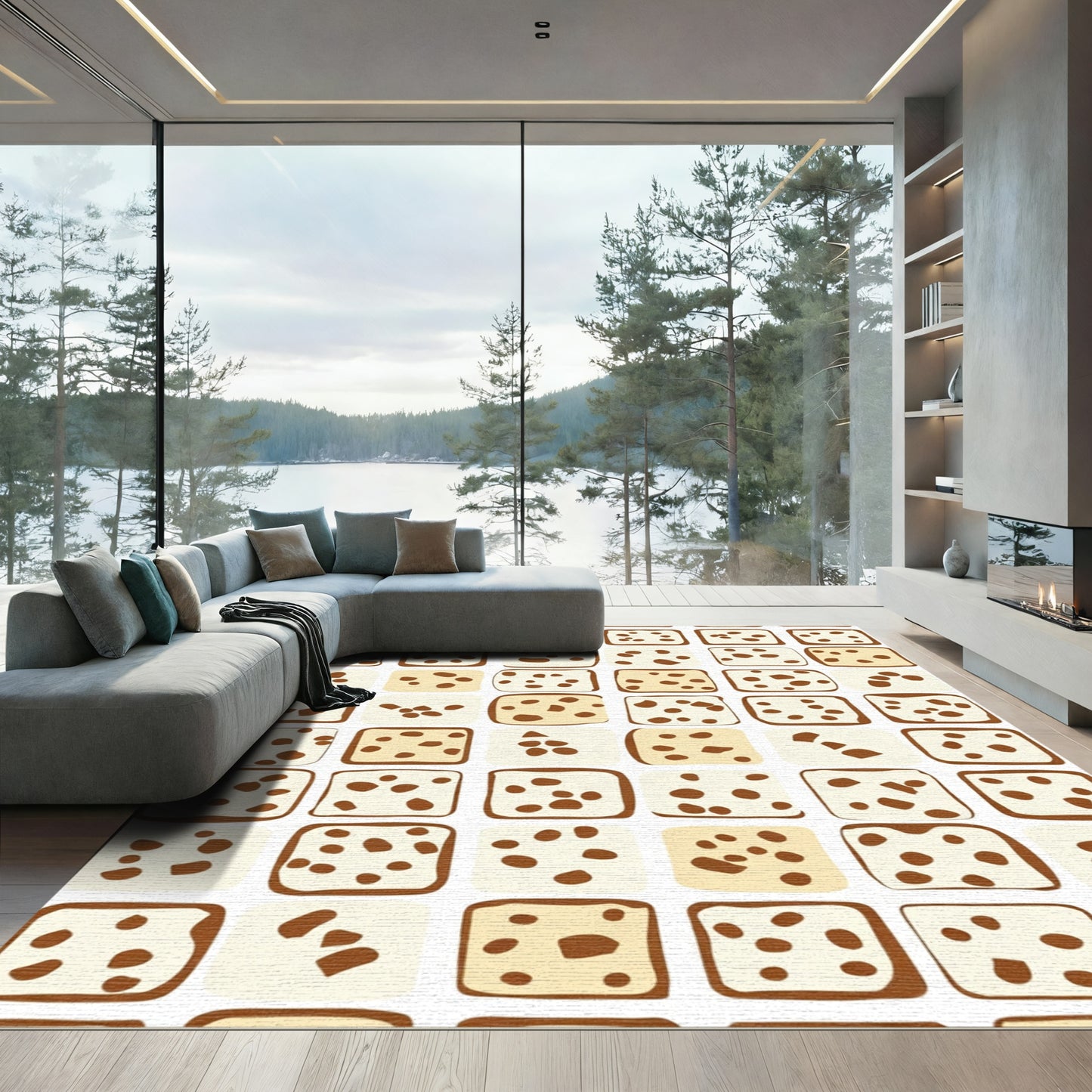 Ivory Tan Speckled Squares Composition Rug
