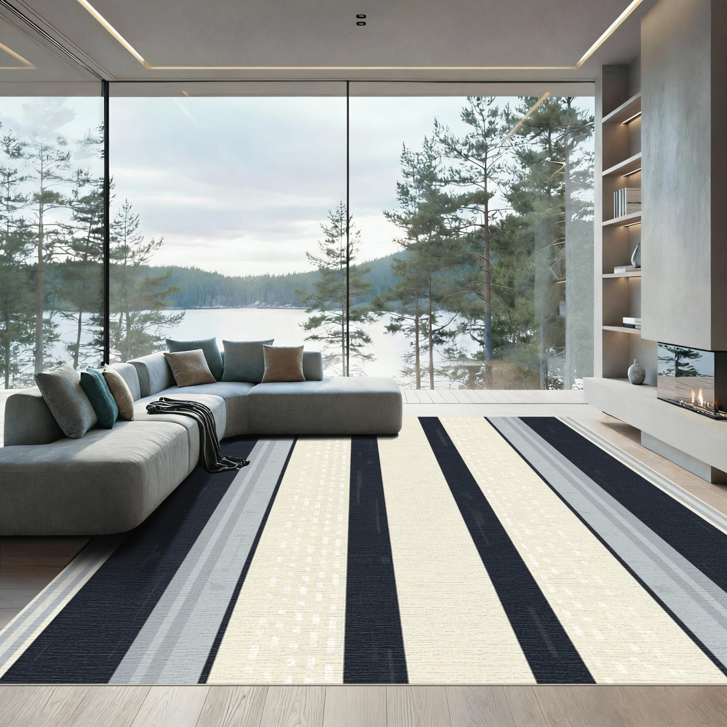 Modern Navy Cream Striped Rug
