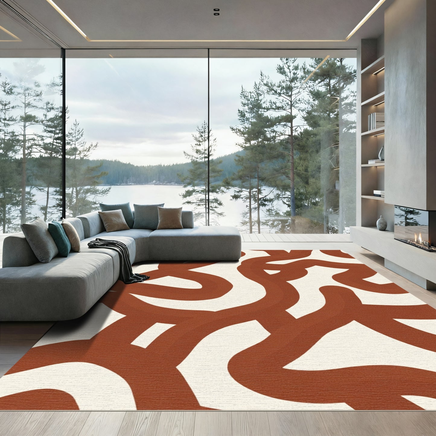 Terracotta Abstract Organic Swirl Rug