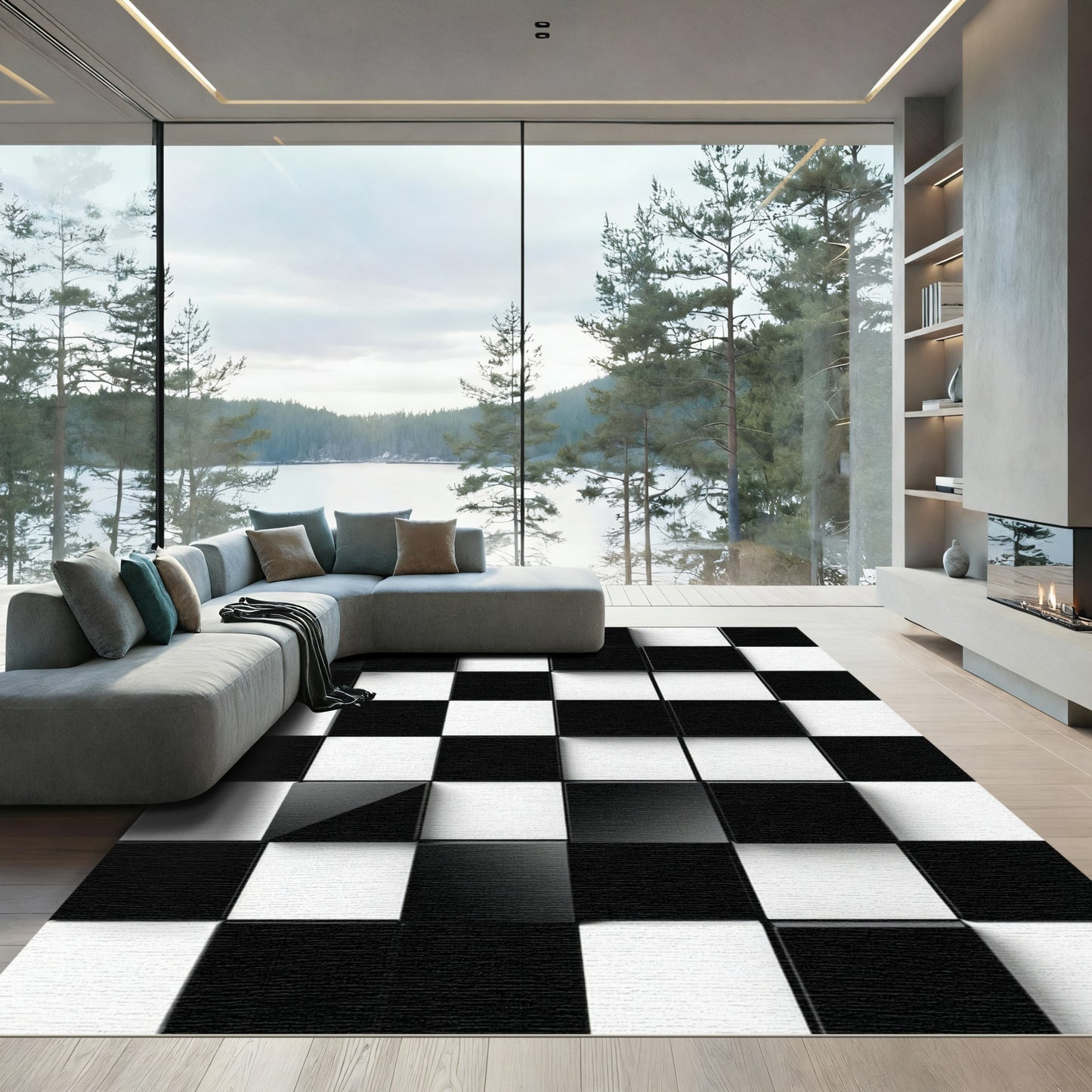 Black White Geometric Block Rug