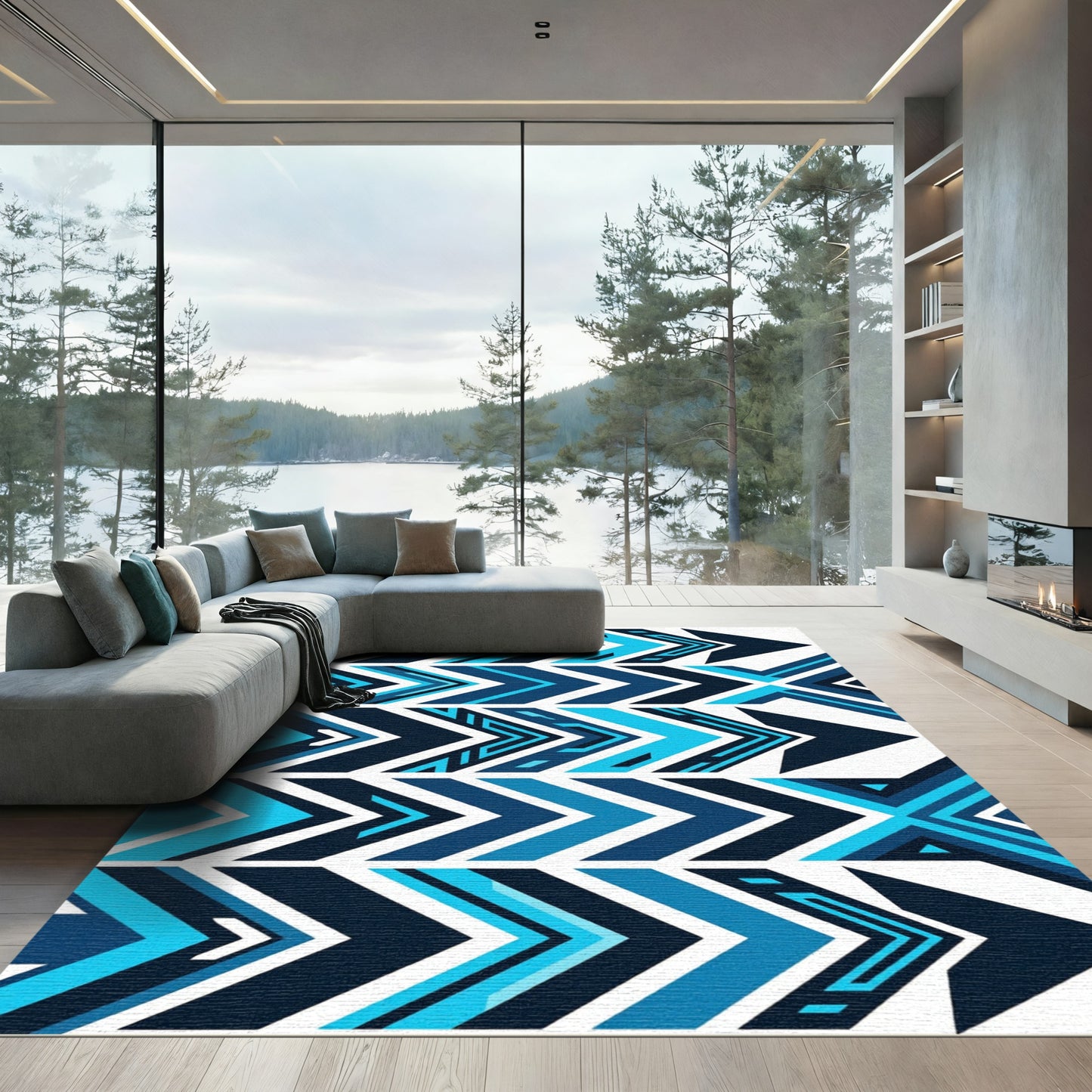 Dynamic Blue Chevron Geometric Arrow Composition Rug