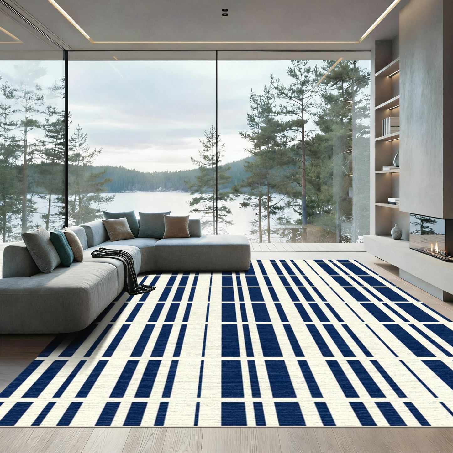 Deep Blue Off White Vertical Stripe Rug