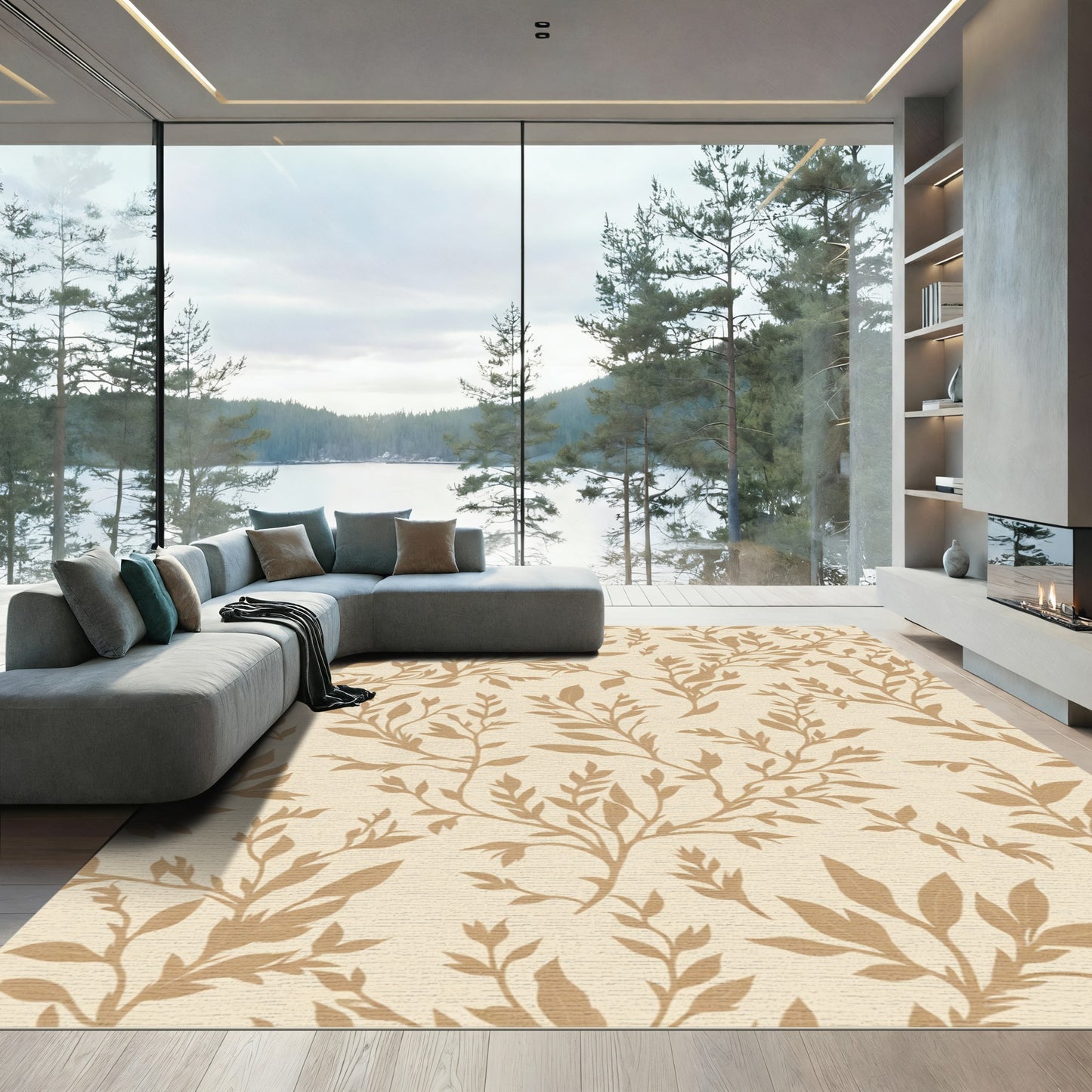 Warm Beige Botanical Branch Cluster Rug