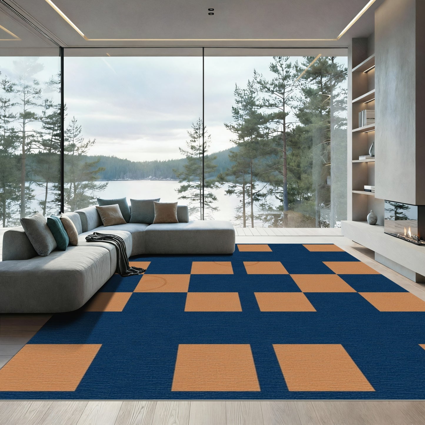 Modern Tan Square Checkered Rug