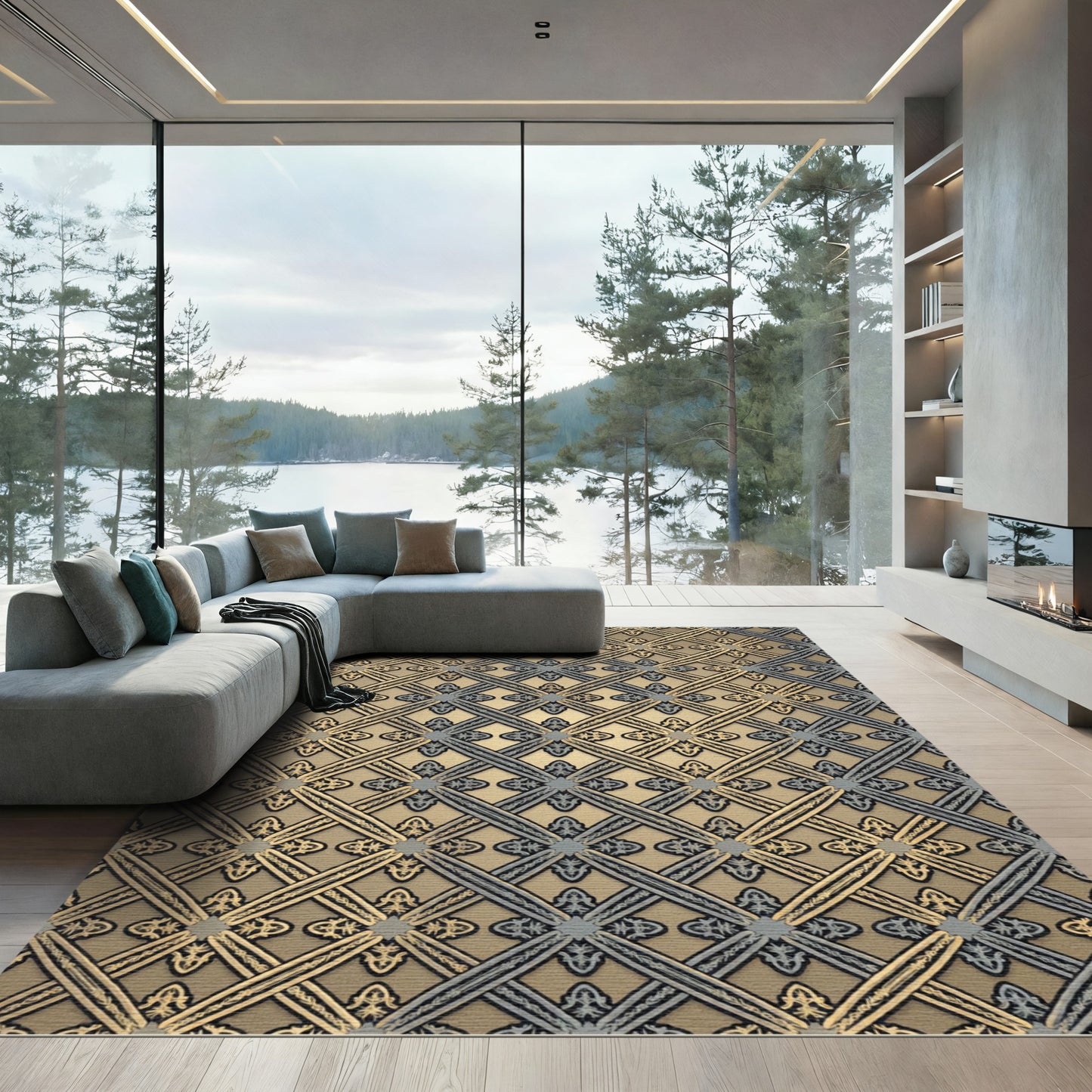 Gilded Lattice Embossed Metallic Geometric Rug