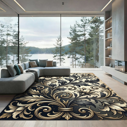 Elegant Black and Gold Floral Scroll Rug