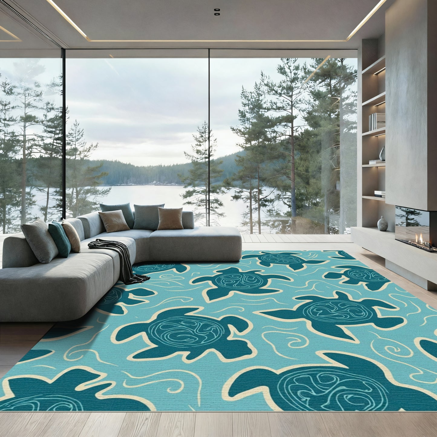 Teal Turtle Swirl Ocean Aquatic Rug