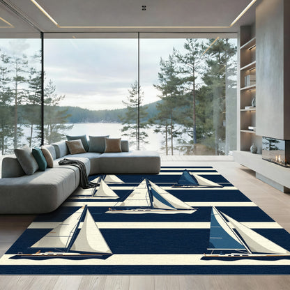 Midnight Navy Nautical Sailboat Striped Rug