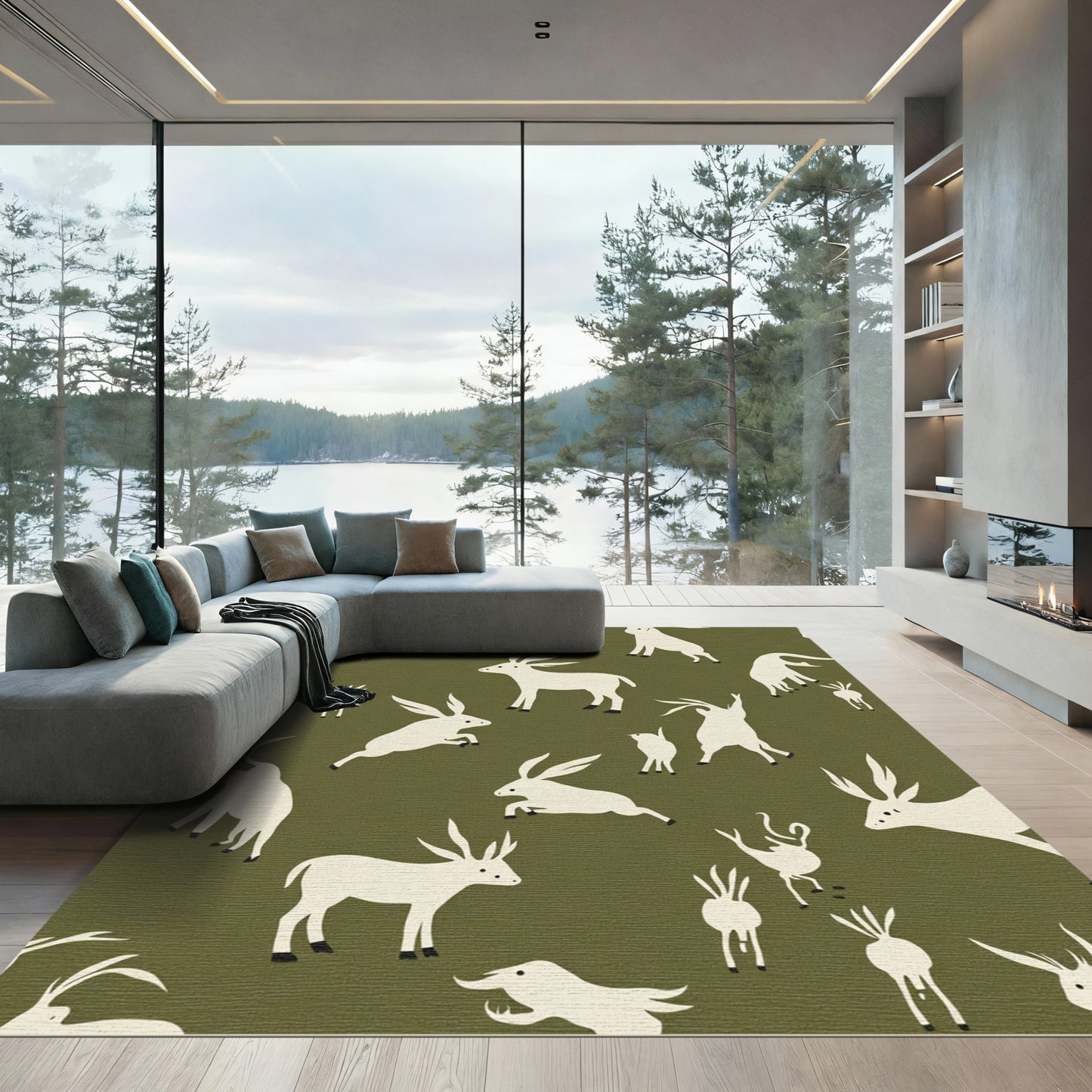 Woodland Creatures Olive Green Field Rug