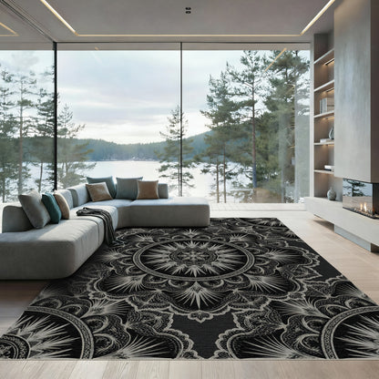 Ornate Monochrome Mandala Circular Floral Rug