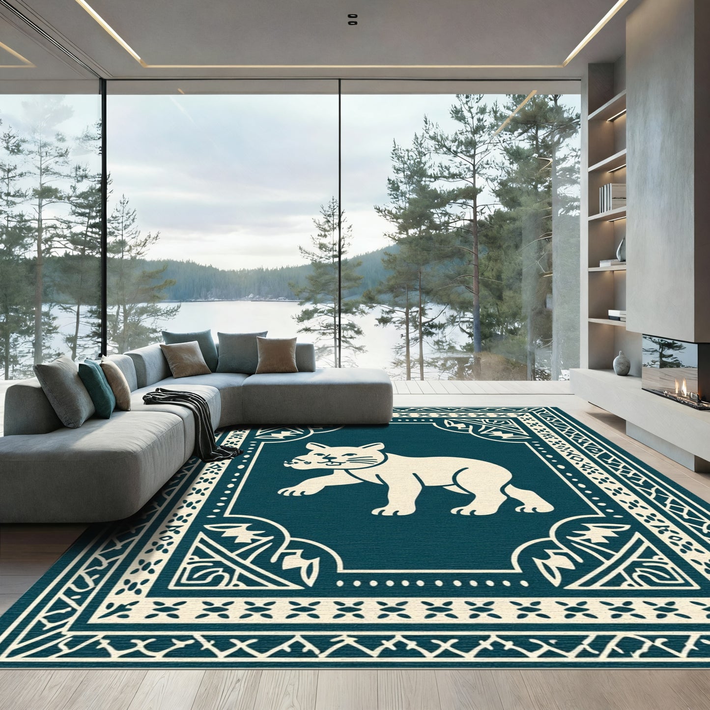Cream Feline Deep Blue Border Rug