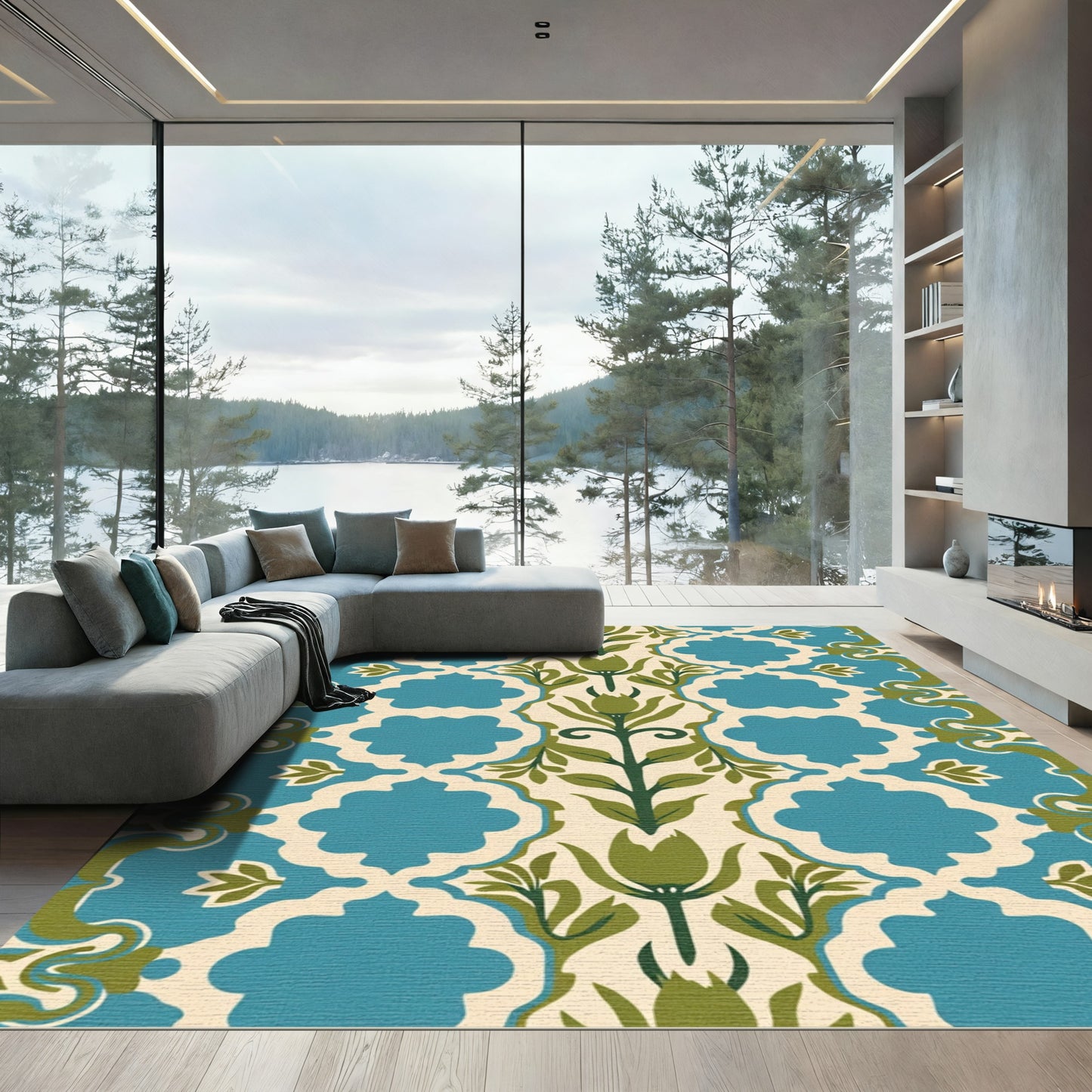Teal Blue Green Floral Scroll Rug