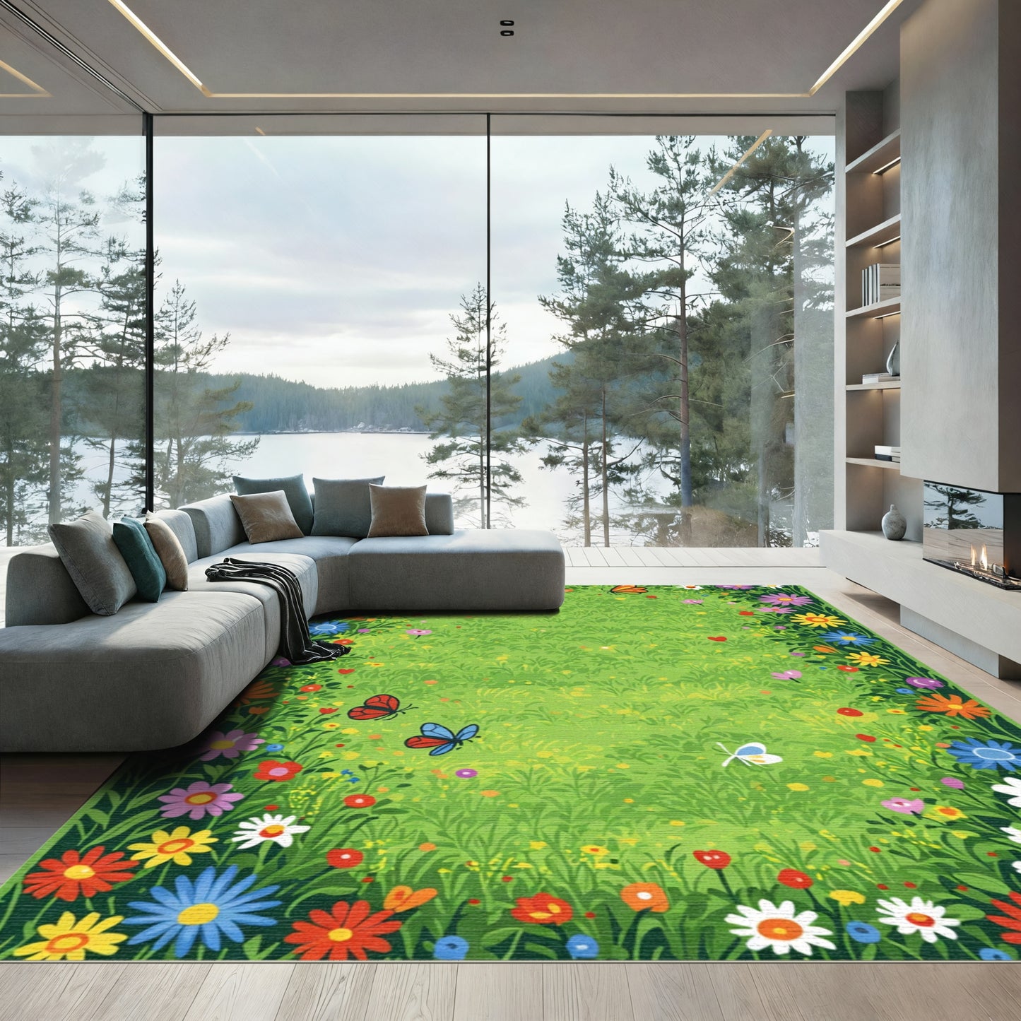 Vibrant Wildflower Meadow Butterfly Garden Rug