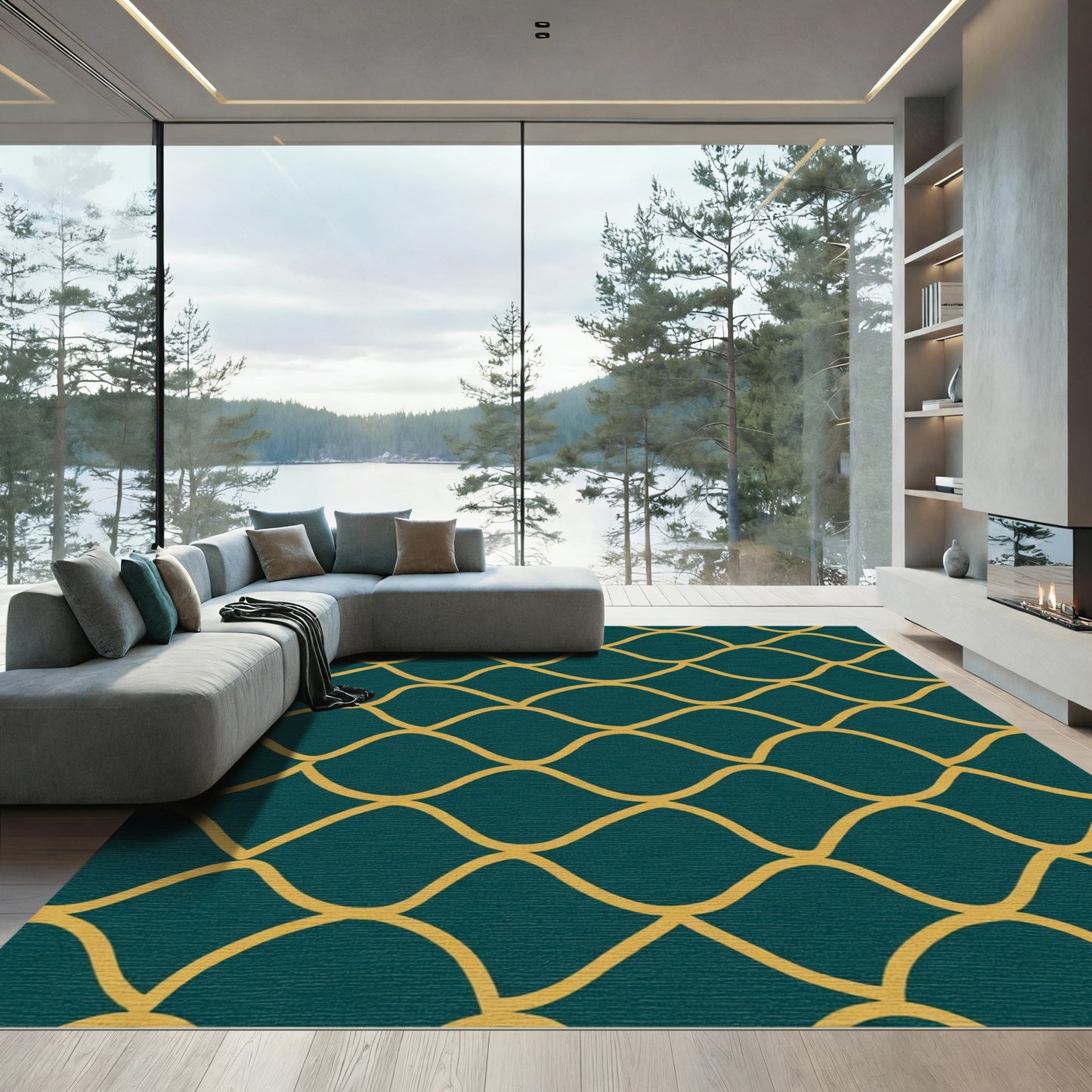 Teal Yellow Interlocking Waves Rug