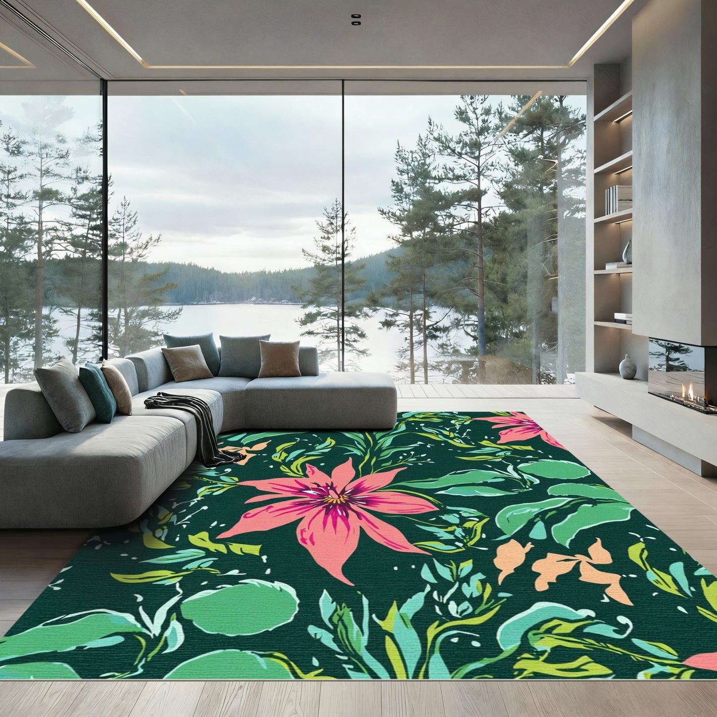 Tropical Coral Pink Floral Garden Rug